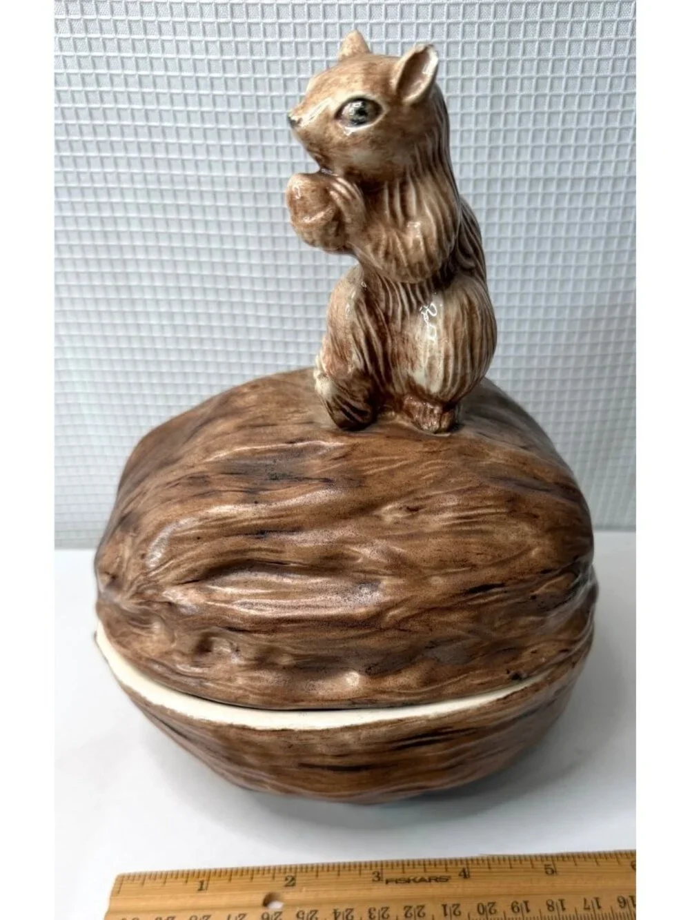 Vintage Ceramic Squirrel on Walnut Lidded Dish - Mid-Century Candy Bowl, Woodlan